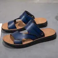 Men's navy blue PU leather sandals featuring a non-slip sole and fine decorative stitching - 38 / Blue