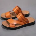 Men's tan PU leather sandals featuring a non-slip black sole and decorative metallic rivet - 38 / Yellow Brown