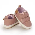 Detail view of pink-brown soft-sole infant walking shoes with double velcro straps - Inner Length 12cm/82g / Pink