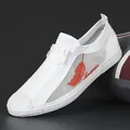Stylish white men's breathable mesh casual sneaker featuring red feather embroidery detail - 38 / Off-White (21608)