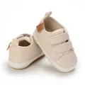 Close-up of beige synthetic leather baby shoes featuring soft soles and velcro straps - Inner Length 12cm/82g / Apricot