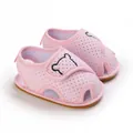 Detail view of pink baby sandals with cartoon bear embroidery and mesh fabric. - Pink