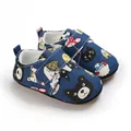 Detailed macro view of cartoon animal prints and velcro on navy baby pre-walker shoes - Dark Blue Cartoon