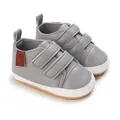 Grey soft sole baby walking shoes with velcro straps for infants aged 3-12 months old. - Gray