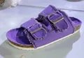 Purple double buckle slide sandal featuring frayed denim straps and a cork sole design - 35 / Purple