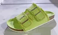 Vibrant lime green double buckle slide sandals with frayed canvas straps and cork sole - 35 / Green