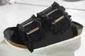 Casual black fringe flat slide sandals with double buckles for summer beach wear. - 35 / Black