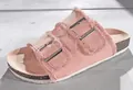 Casual pink canvas flat slide sandals with double metal buckles and frayed edges detail - 35 / Pink
