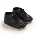 Close-up of black textured leather baby walker shoes with non-slip soft soles - Black