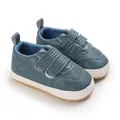 Close-up detail of breathable teal PU leather baby walking shoes with dual velcro straps. - Inner Length 11cm / Blue