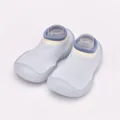 Detailed view of breathable light blue baby sock shoes with soft non-slip soles. - Blue