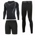 Full view of black three-piece men's compression suit including top, leggings and shorts - S / Set / Black Style