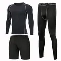 Three-piece men's sports compression set including long sleeve top, leggings and shorts - S / Set / Black Gray (1059)