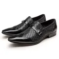 Men's black calfskin monk strap dress shoes with brogue detailing and textured vamp. - 37 / Black