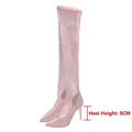 Elegant pink rhinestone mesh over-the-knee boots featuring 9cm pointed stiletto heel - 38 / Over-the-Knee Hollow Rhinestone Boots / Pink (9cm Heel)