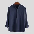 Camisa informal de algodón azul marino para hombre con cuello mandarín y textura - S / Tops / Azul Marino