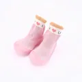 Close-up view of pink knit baby walking shoes featuring soft soles and heart patterns - Size 18/19 (Insole 11.5cm) / Pink Heart Cap