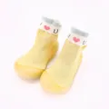 Close-up of yellow knit baby toddler shoes with a red heart design on the cuff. - Size 18/19 (Insole 11.5cm) / Yellow Heart Cap
