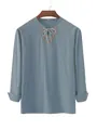 Camicia casual da uomo in lino a maniche lunghe con scollo retrò stringato - Blu Acqua