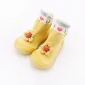 Macro detail of yellow baby sock shoes with cute 3D flower and a soft yellow rubber sole - Size 18/19 (11.5cm) / Yellow Flower