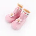 Detailed view of pink toddler sock shoes with decorative flower and soft rubber sole - Size 18/19 (11.5cm) / Pink Flower