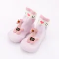Detail view of pink cartoon giraffe baby walker shoes with soft anti-slip rubber soles - Size 18/19 (11.5cm) / Light Purple Animal