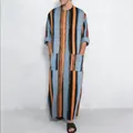 Men's loose kaftan robe with gradient vertical stripes and mandarin collar - Sky Blue