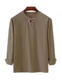 Camicia da uomo in cotone e lino kaki con lacci e scollo a V ricamato stile casual - Caffè