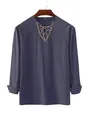 Camicia uomo ampia in cotone e lino a maniche lunghe con lacci etnici blu scuro - Blu navy