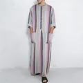 Loose men's striped thobe long robe featuring stand collar and functional front pockets - Lotus Pink