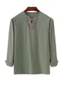 Camicia da uomo ampia in cotone lino verde salvia con scollo stringato e ricamo - Verde militare