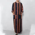 Men's loose summer kaftan robe with vertical gradient stripes and stand collar - Dark Brown