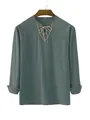 Camicia casual da uomo in cotone e lino in verde scuro con scollo a V e coulisse - Verde Scuro