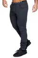 Detail view of men's dark grey moto joggers with ribbed knee panels for sports. - M / Bottoms / Dark Gray