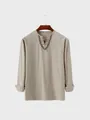 Loose fit men's beige cotton linen long sleeve shirt with lace-up neck and embroidery detail - Brown