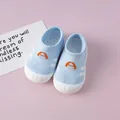 Detailed macro view of blue breathable knit baby walking shoes with soft white rubber soles. - Blue