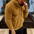 Detailed texture of men's camel teddy fleece drawstring hoodie with kangaroo pocket - S / Tops / Khaki