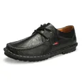 Classic men's black leather casual shoes with handmade stitching and lace-up design - Black