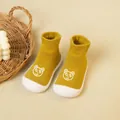 Knit baby walker shoes with cute bear print and white soft rubber soles in mustard yellow - Yellow Bear Dot Glue (White Base)