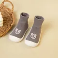 Gray baby knit walker shoes with cute cartoon bear pattern and soft white rubber soles. - Gray Bear Dot Glue (White Base)