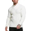 Detail of the knit pattern and shawl collar on this white men's long sleeve sweater - M / Tops / White
