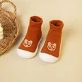 Brown knit baby walker shoes featuring cartoon bear prints and flexible soft white soles - Orange Bear Dot Glue (White Base)