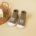 Olive green baby knit walker shoes with a cute bear pattern and soft white sole design - Army Green Bear Dot Glue (White Base)