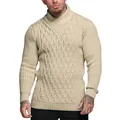 Close-up of men's beige cable knit sweater featuring a unique shawl collar design - M / Tops / Khaki