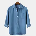 Camicia casual in velluto a coste blu da uomo con trama a righe e colletto a rever - Taglia S / Stile a Righe in Velluto a Coste (LR-25) / Azzurro