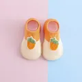 Close-up detail of cartoon baby sock shoes with carrot patch and soft rubber sole. - Size 18/19 (Insole 11.5cm) / Orange Patchwork Fruit