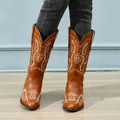 Detailed view of stylish brown embroidered mid-calf western cowboy boots for women - 35 / Tan