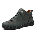 Men's high-top casual leather boots with handmade stitching and lace-up design - 39 / Green