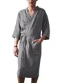 Men's casual grey linen-style 3/4 sleeve loungewear robe with adjustable waist tie - S / Robe / Gray