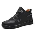 Durable men's high-top black leather casual work boots with anti-slip rubber flat sole - 39 / Black